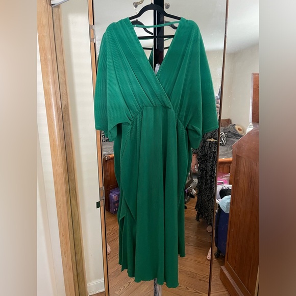 💚 By anthropologie plisse v-neck wrap midi dress dark green pleated 1X PREOWN - Picture 8 of 17
